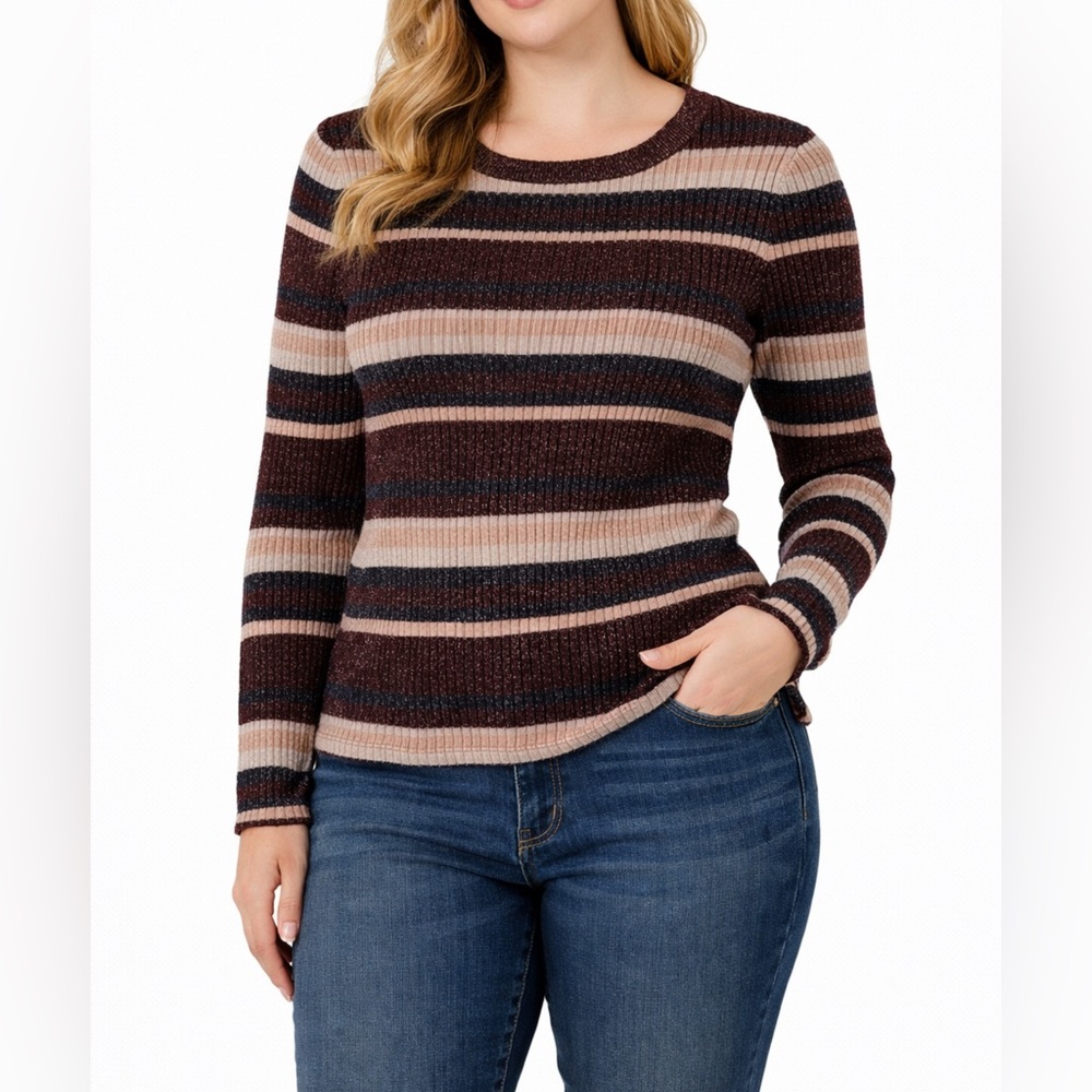 Nine West Ribbed Knit Striped Long Sleeve Top Burgundy Black Beige Size M